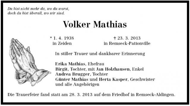 Mathias Volker 1938-2013 Todesanzeige